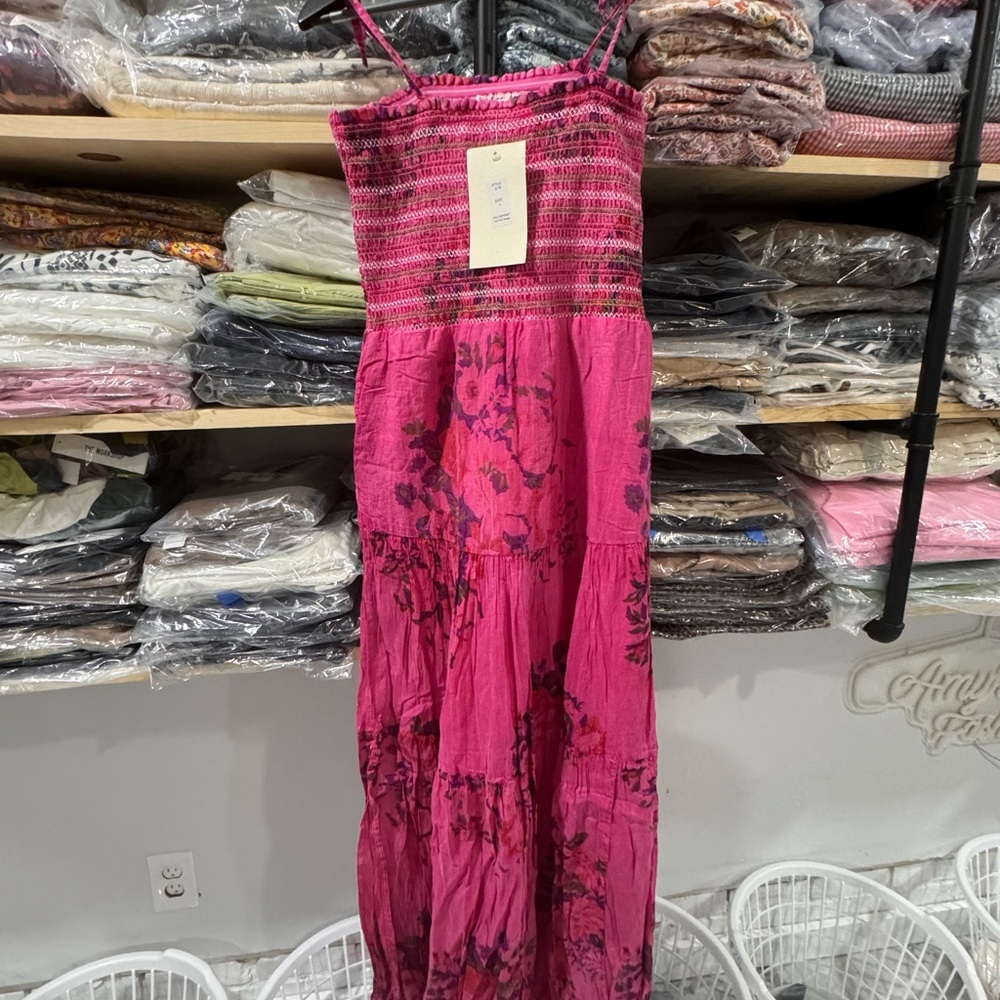Fuchsia Pink Floral Maxi Dress with Smocked Bodice